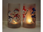 Duo de photophores de noël en verre givré très colorés, joyeux petits bonhommes de neige peints à la main, objet unique et signé.