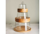 Ensemble 3 plateaux et cloches superposables verre et manguier 46x30x30cm