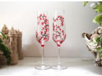 Lot de deux flutes à champagne peintes à la main personnalisable sur le thème des cerisiers du Japon au coloris rouges et noirs