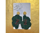 Boucles d'oreilles demi-fleurs asymétriques coloris vert foncé pistils rouges