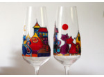 flutes à champagne multicolores peintes à la main sur le thème des chats amoureux sous la lune dorée et le soleil couchant - verre en cristallin