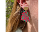 Boucles d'oreilles coeur coloris rouge motif léopard vert