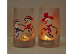 Duo de photophores de noël en verre givré très colorés, joyeux petits bonhommes de neige peints à la main, objet unique et signé.