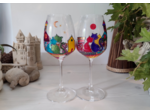 Duo de 2 jolis verres à vin en cristal peints à la main multicolore sur le thème des chats de gouttière