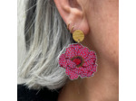 Boucles d'oreilles anémone coloris rose foncé pois bleu, pistils or