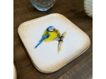 Plateau fer carré crème doré mésange bleue jaune 16x16cm