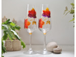 Duo de flutes à champagne en cristal peintes à la main sur le thème de l'automne et ses feuilles mortes pièces originales et uniques