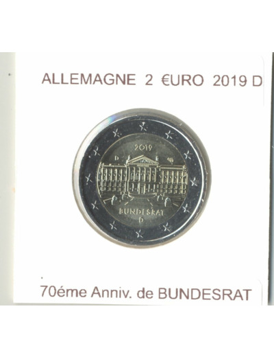 ALLEMAGNE 2019 D 2 EURO COMMEMORATIVE 70 eme ANNIVERSAIRE DE BUNDESRAT SUP