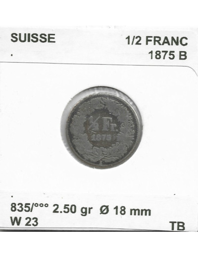 SUISSE 1/2 FRANC 1875 B TB-