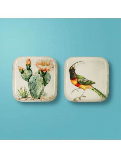 Ensemble 2 plateaux Cactus Toucan fer 16x16x2cm
