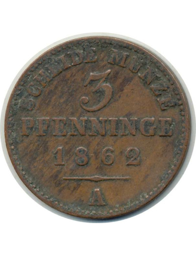 ALLEMAGNE PRUSSE 3 PFENNIG 1862 A TB+ (W482)