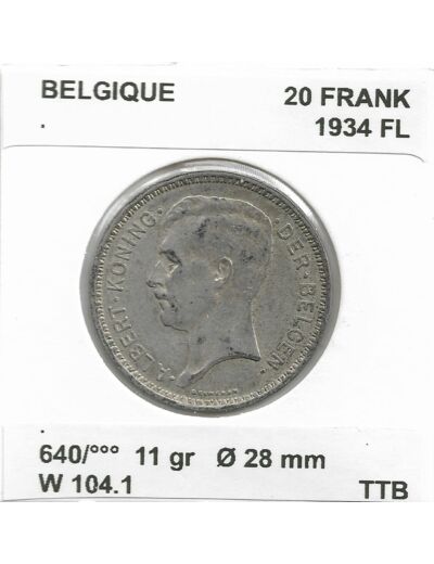 Belgique 20 FRANK 1934 FL TTB