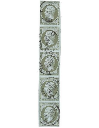 FRANCE 1 CENTIME 1860 Yvert 11 bande de 5 timbres Obliterés