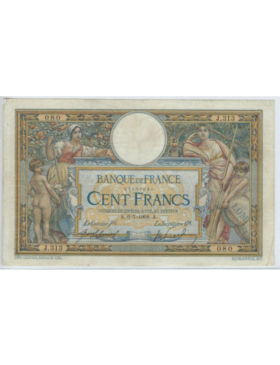 FRANCE 100 FRANCS L.O.M avec LOM SERIE J.313 6-7-1908 TB+