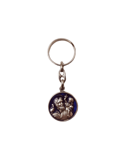 Porte-Clefs en Métal Argenté 30mm - CHRISTOPHE FOND BLEU
