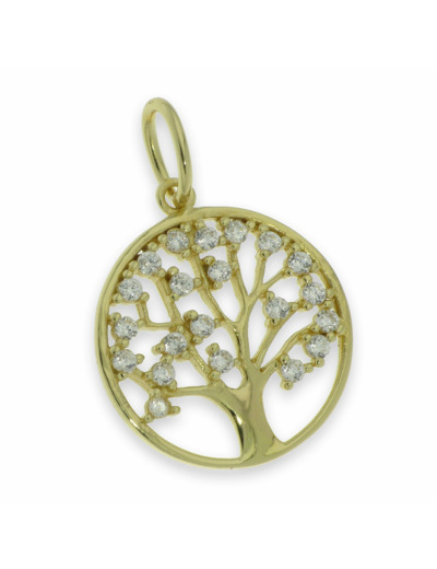 Pendentif en Argent 925 Plaqué-Or et Zirconium diam.18mm-ARBRE de VIE