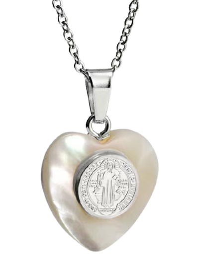 Pendentif Coeur Nacre 20mm  + Chaîne Argentée Réglable - St Benoît