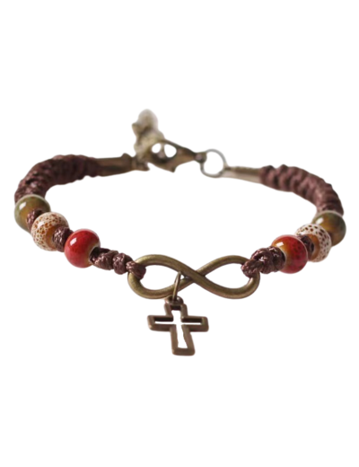 Bracelet en Corde Marron - CROIX + COEUR INFINI- perles rouges