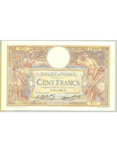 FRANCE 100 FRANCS MERSON SANS LOM SERIE Z.20362 26-1-1928 SPL