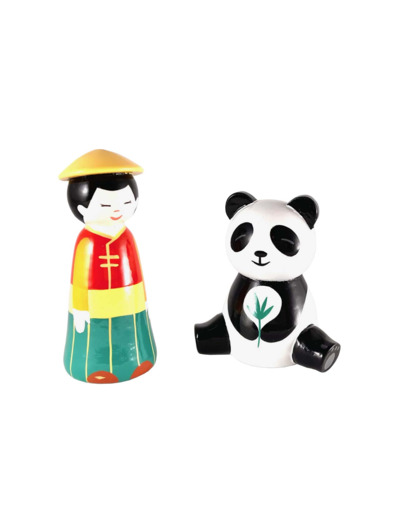Garçon asiatique en bois tourné 10cm  avec panda  + boite