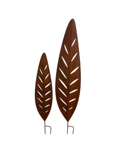 Ensemble 2 Tuteurs Feuilles de Laurier en Fer Effet Rouille 32x144cm