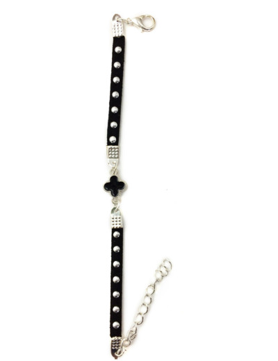 Bracelet métal doré /simili cuir noir- croix noire ronde