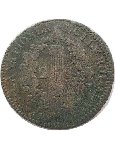 FRANCE LOUIS XVI 2 SOLS FRANÇOIS 1792 I. (Clermont-Ferrand) 22gr52 TB+