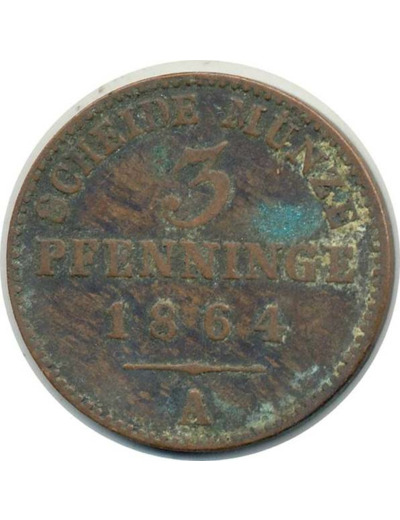 ALLEMAGNE PRUSSE 3 PFENNIG 1864 A TTB Oxydation (W482)