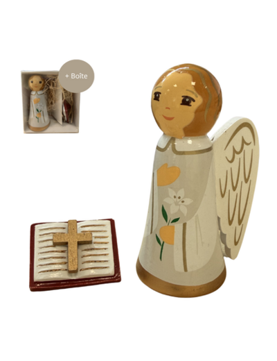 Ange Gabriel et Bible en bois tourné 8.5cm + boite
