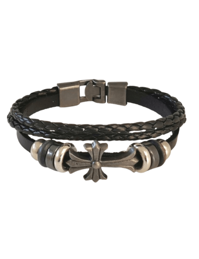 Bracelet en Cuir + Croix en Métal - NOIR