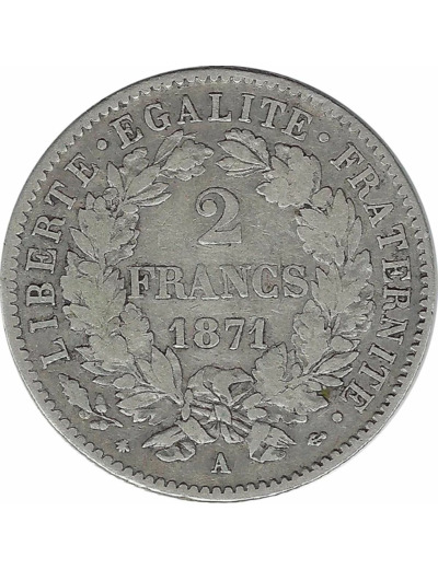 FRANCE 2 FRANCS CERES 1871 A (PARIS) grand A TB+