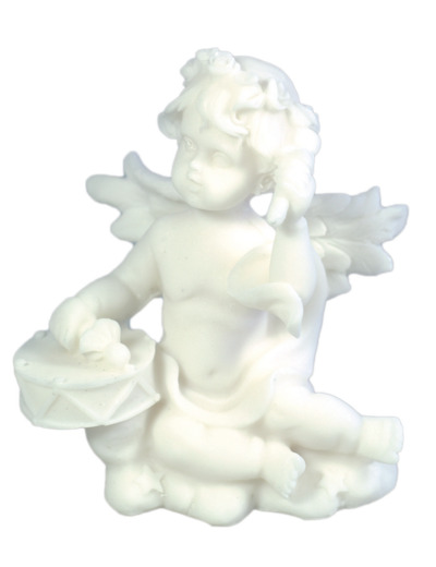 Statue en albâtre 9cm - ANGE MUSICIEN TAMBOUR Blanc
