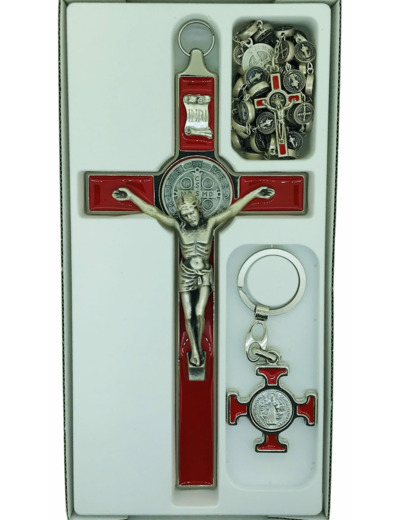 Coffret St Benoît 22,5x11,5cm croix + chapelet + PC - ROUGE