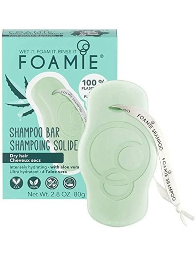 Shampoing solide Foamie pour cheveux secs à l'aloe vera et à l'huile d'amande qui hydrate intensément, 100% vegan, sans plastique et sans sulfates 80g Aloe Vera pour Cheveux Secs