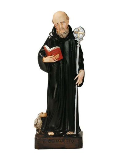 St Benoit 16 cm résine polychrome peinte main -Tête nue livre ouvert