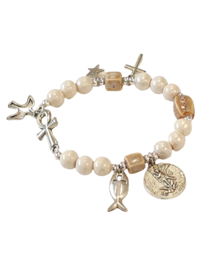 Bracelet élastique 8mm en Céramique - Avec médaille 15mm Saint Michel