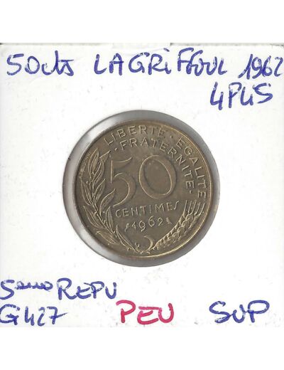 FRANCE 50 CENTIMES LAGRIFFOUL 1962 4 plis PEU SUP