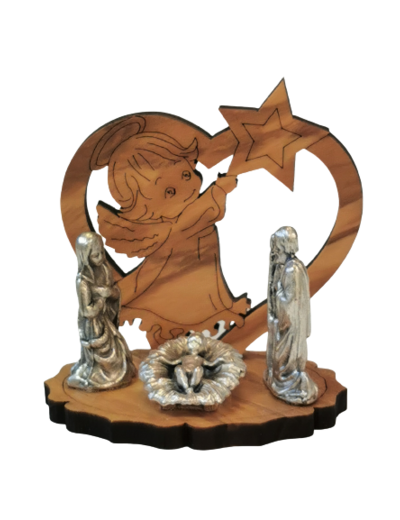 Nativité 3 pièces Métal 2,5cm sur support Bois Ange 5 x 5,5cm