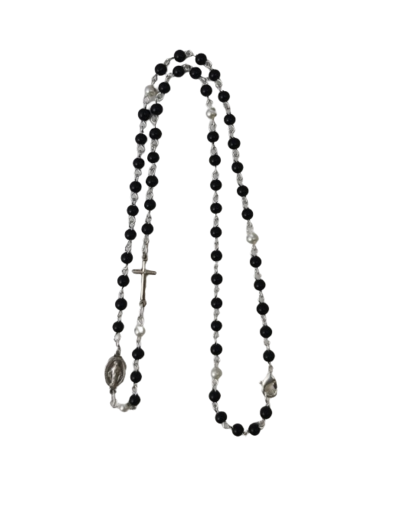 Collier Perles 4mm Croix+ Médaille MIRACULEUSE - NOIR