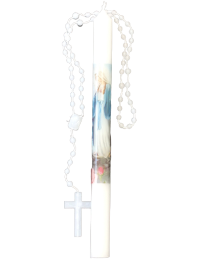 Bougie V. Miraculeuse 26cm avec Prière + Chapelet blanc en Plastique