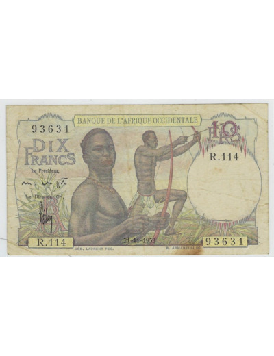 B.A.O. BANQUE DE L'AFRIQUE OCCIDENTALE 10 FRANCS 21-11-1953 SERIE R114 TB+