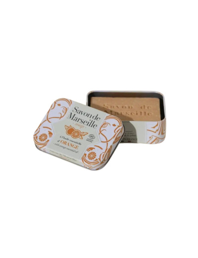 Savon de Marseille boîte métal décorée parfumé à l'huile essentielle d'Orange 100g