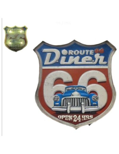 Plaque métal type enseigne lumineuse "Diner Route 66" - 28.5 x 30.5 x 3 cm - Décoration US, Bar, Pub, Garage