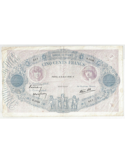 FRANCE 500 FRANCS BLEU ET ROSE 06/04/1939 TB+ B.3348