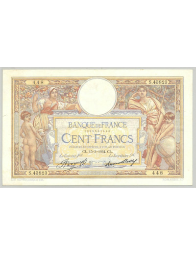 FRANCE 100 FRANCS MERSON SANS LOM SERIE S.43823 15-3-1934 TTB+