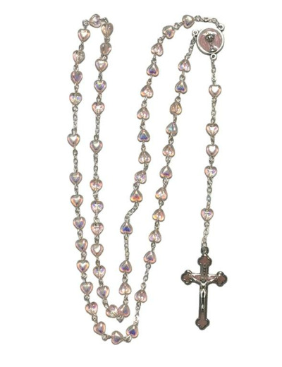 Chapelet Perles en Nacre Rose sur chaine argentée - COMMUNION COEUR