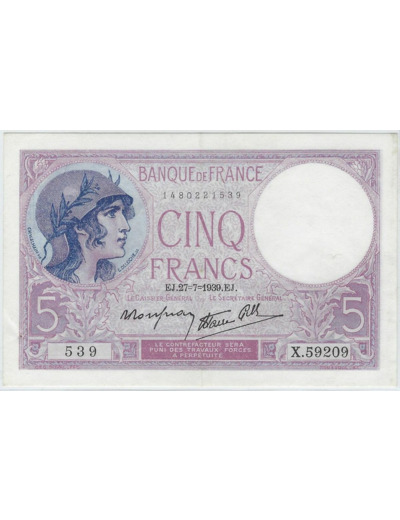 FRANCE 5 FRANCS VIOLET 27-7-1939 X.59209 SUP