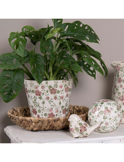 Pot motif floral rose vert céramique beige 17x17x16cm