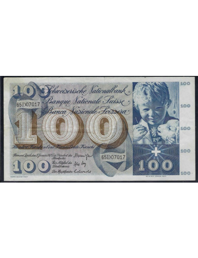 SUISSE 100 FRANCS FRANKEN 15-01-1969 SERIE 65D TTB fente