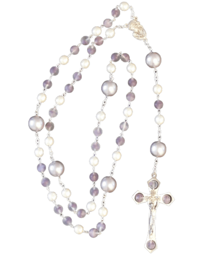 Chapelet sur Chaine Argentée - PERLES MAUVE ET BLANC